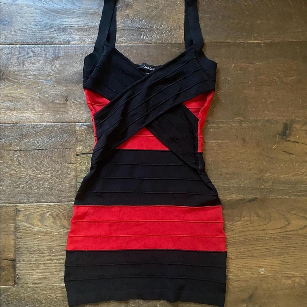 Bebe Black and Red Striped Mini Dress